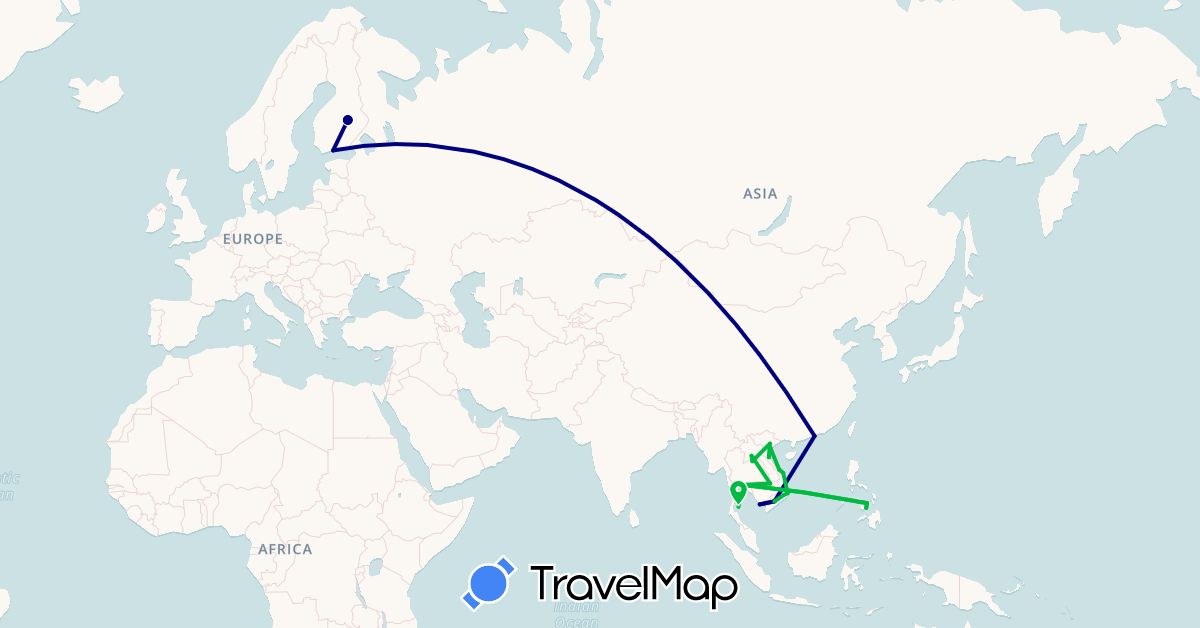 TravelMap itinerary: driving, bus in China, Finland, Laos, Philippines, Thailand, Vietnam (Asia, Europe)